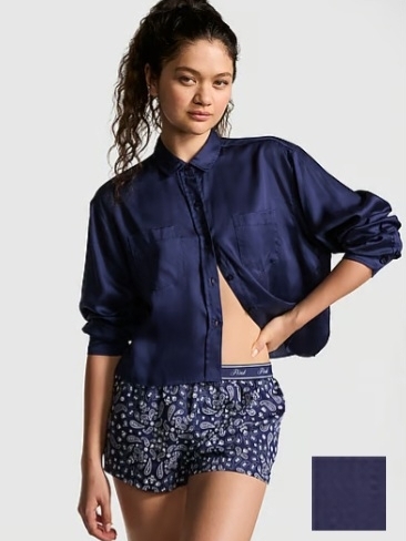 Pink Victoria's Secret Navy Satin Button-Down Shirt